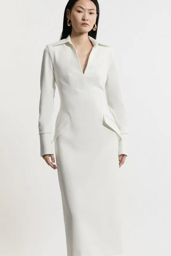 Karen Millen Structured Crepe Tailored Collared Pencil Maxi Dress ivory Fashion