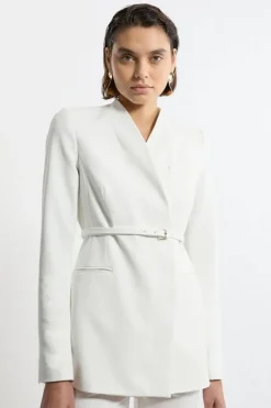 Karen Millen Structured Crepe Tailored Collarless Belted Blazer ivory Fashion
