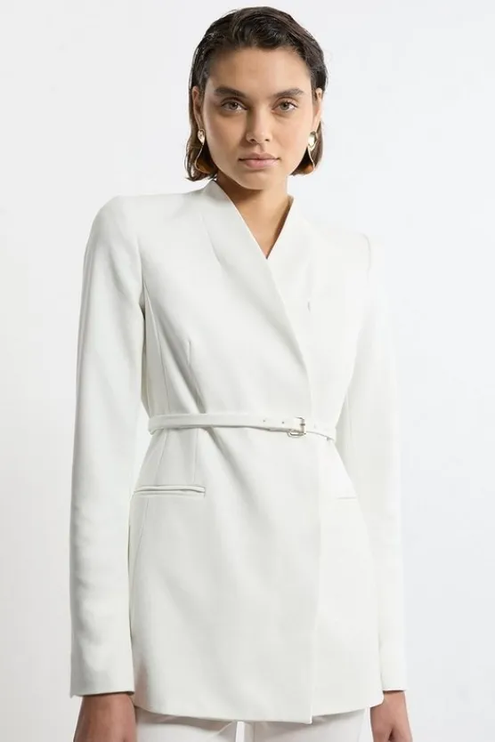 Karen Millen Structured Crepe Tailored Collarless Belted Blazer ivory Fashion