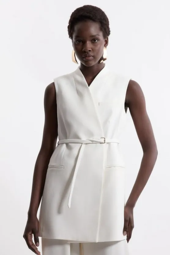 Karen Millen Structured Crepe Tailored Collarless Belted Sleeveless Blazer ivory Discount