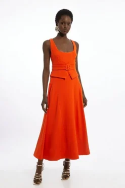 Karen Millen Structu Crepe Tailo Full Skirted Panel Belted Midi Dress red Outlet