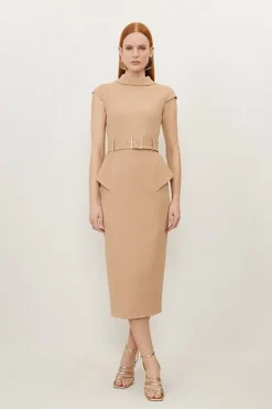 Karen Millen Structured Crepe Turtleneck Peplum Belted Midi Dress camel Clearance