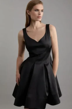 Karen Millen Structured Viscose Satin Tailored Prom Mini Dress black Hot