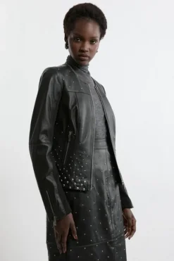 Karen Millen Studded Leather Collarless Moto Jacket black Sale