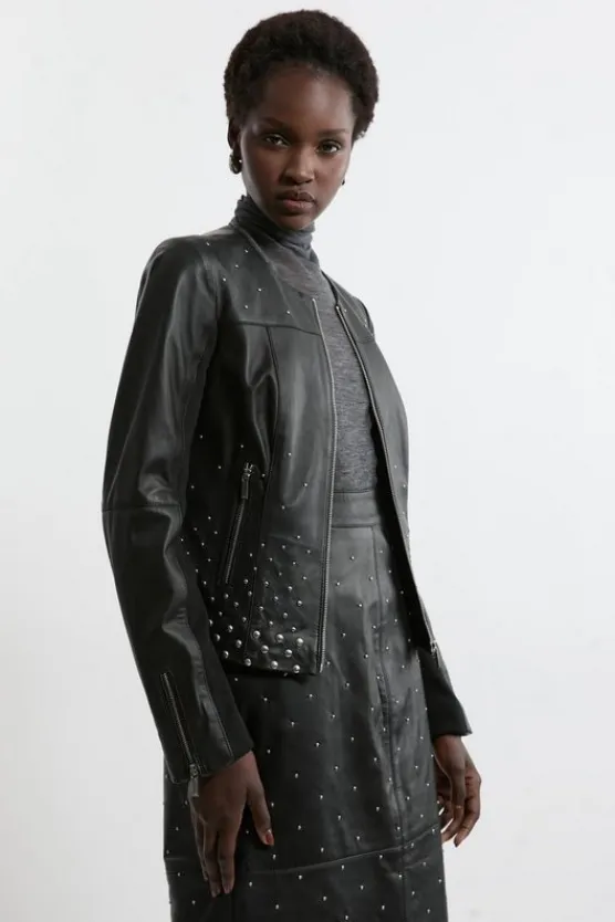 Karen Millen Studded Leather Collarless Moto Jacket black Sale