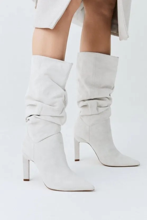 Karen Millen Suede Mid Calf Slouch Heeled Boot cream Discount