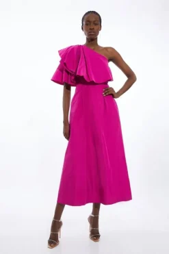 Karen Millen Taffeta One Shoulder Ruffle Midi Dress hotpink Online