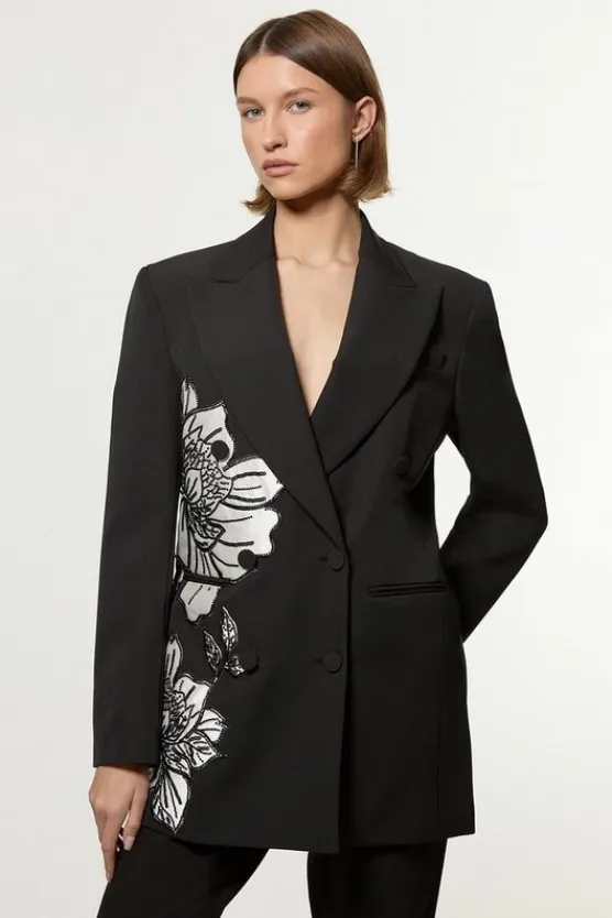 Karen Millen Tailored Applique Satin Beaded Tuxedo Blazer black Hot