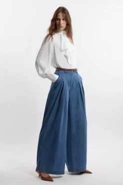 Karen Millen Tailored Chambray Denim Straight Leg Pleated Pants lightblue Best