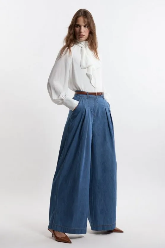 Karen Millen Tailored Chambray Denim Straight Leg Pleated Pants lightblue Best