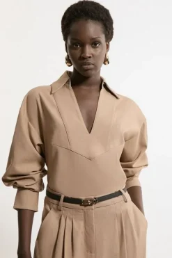 Karen Millen Tailored Collared Long Sleeve Shirt camel Discount
