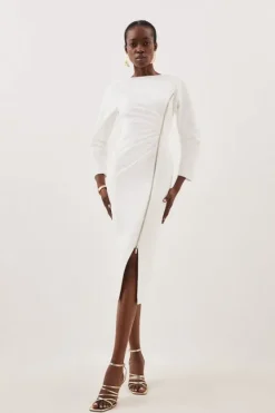 Karen Millen Tailored Compact Stretch Round Sleeve Ruched Midi Dress ivory Best