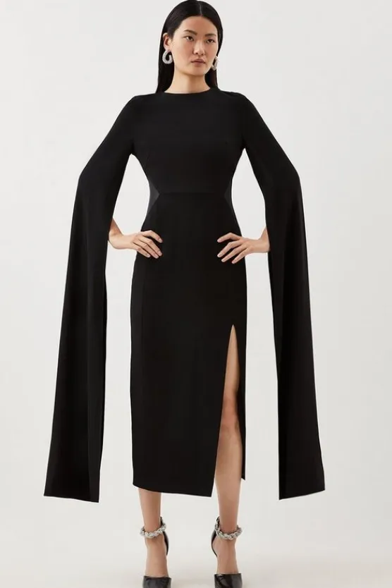 Karen Millen Tailored Compact Stretch Viscose Cape Mesh Panel Midi Dress black Discount