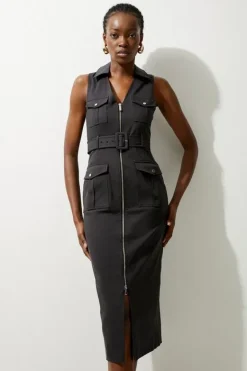 Karen Millen Tailored Cotton Belted Cargo Pocket Midi Shirt Dress black New