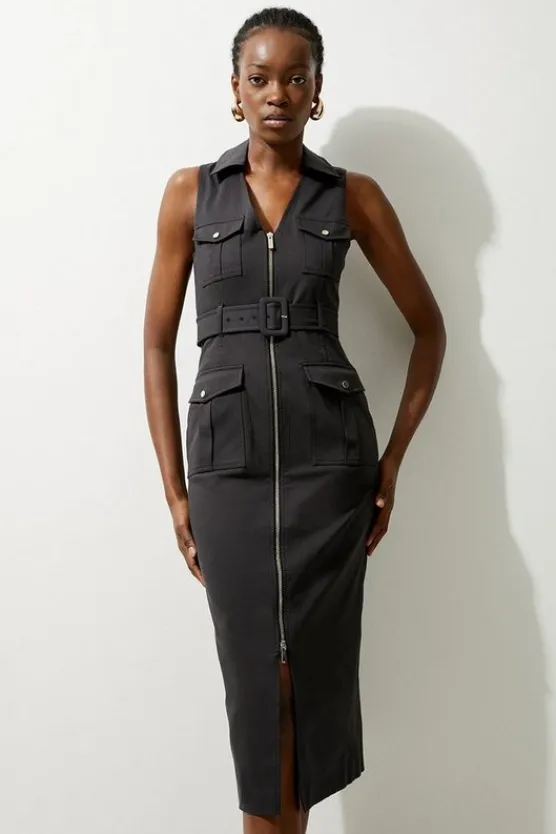 Karen Millen Tailored Cotton Belted Cargo Pocket Midi Shirt Dress black New