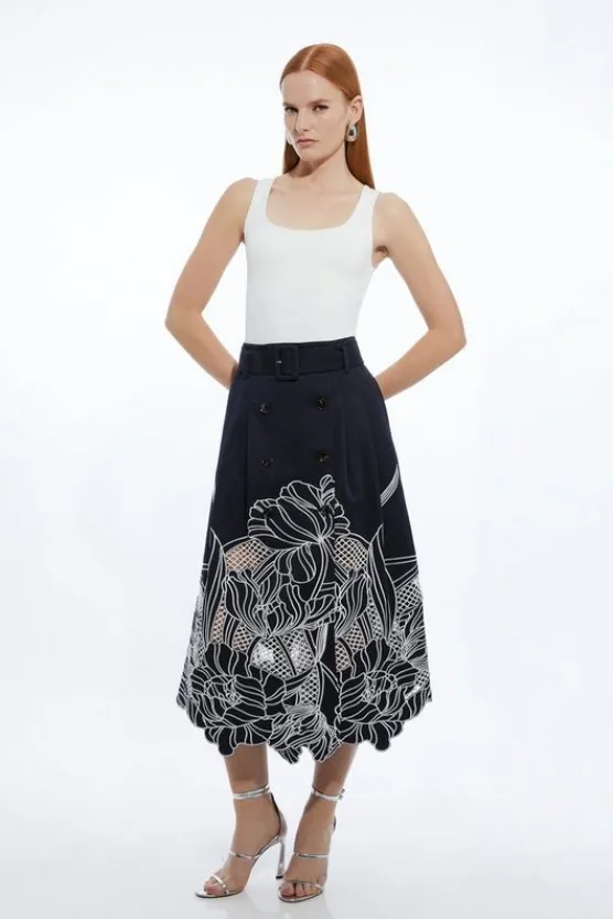 Karen Millen Tailored Cotton Cutwork Embroidered Belted Midi Skirt navy Outlet