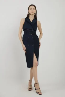 Karen Millen Tailored Cotton Double Breasted Storm Flap Detail Midi Shirt Dress navy Online