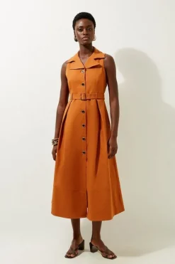 Karen Millen Tailored Cotton Halter Neck Belted Full Skirted Shirt Dress lightstone New