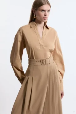 Karen Millen Tailored Cotton Open Neck Shirt camel Outlet