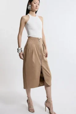 Karen Millen Tailored Cotton Pocket Midi Skirt camel Fashion