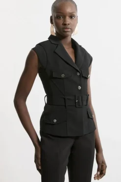 Karen Millen Tailored Crepe Belted Cap Sleeve Collared Jacket black New
