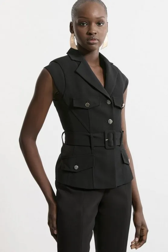 Karen Millen Tailored Crepe Belted Cap Sleeve Collared Jacket black New