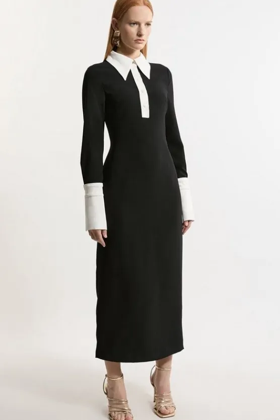 Karen Millen Tailored Crepe Contrast Collar Midaxi Dress black Sale