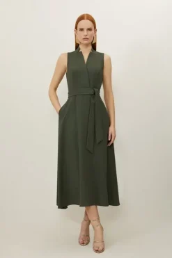 Karen Millen Tailored Crepe Full Skirted Midi Dress khaki Clearance