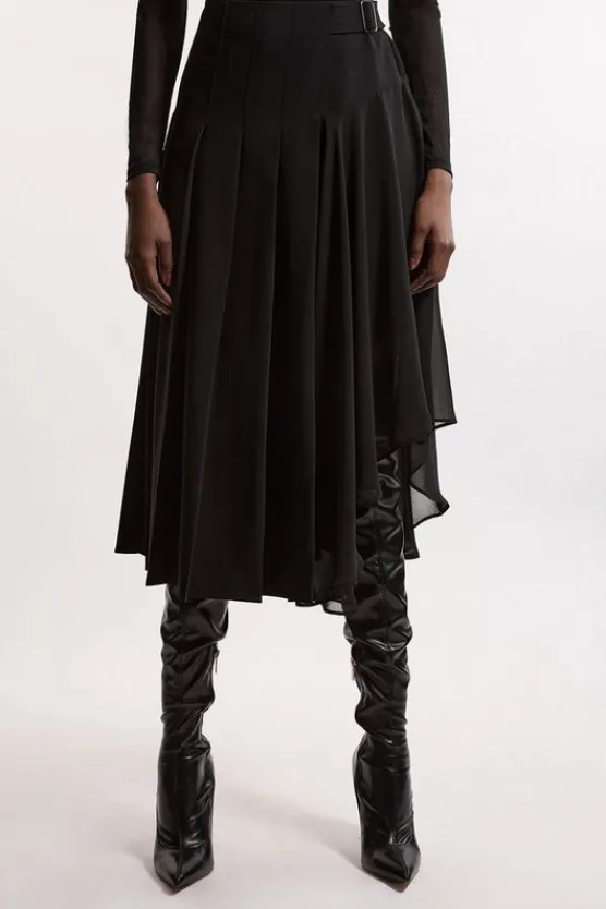 Karen Millen Tailored Crepe Georgette Mix Pleated Buckle Detail Skirt black Clearance