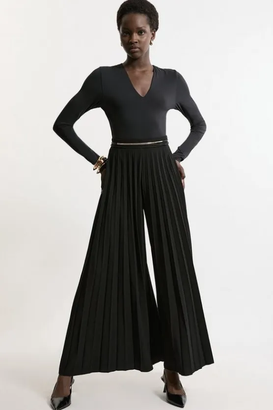 Karen Millen Tailored Crepe Pleated Full Midi Pants black New