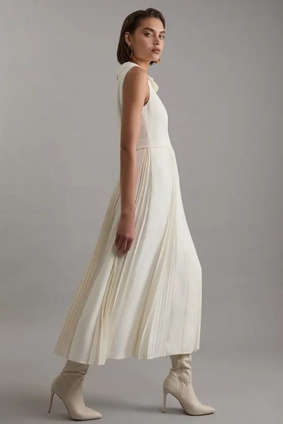 Karen Millen Tailored Crepe Pleated Tab Detail Sleeveless Midaxi Dress ivory Discount