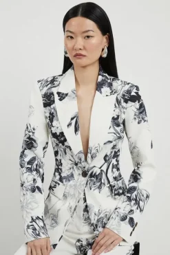 Karen Millen Tailored Crepe Printed Floral Single Breasted Blazer mono Outlet