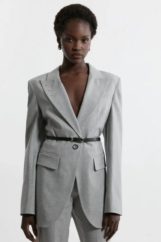 Karen Millen Tailored Darted Waist Belted Notch Neck Blazer greymarl Clearance