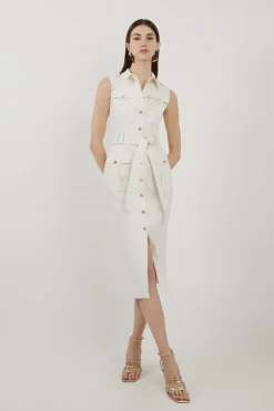 Karen Millen Tailored Denim Cargo Pocket Belted Midi Shirt Dress ivory Sale