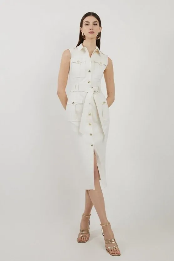 Karen Millen Tailored Denim Cargo Pocket Belted Midi Shirt Dress ivory Sale