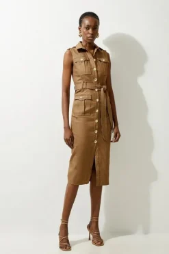 Karen Millen Tailored Denim Cargo Pocket Belted Midi Shirt Dress tan Hot