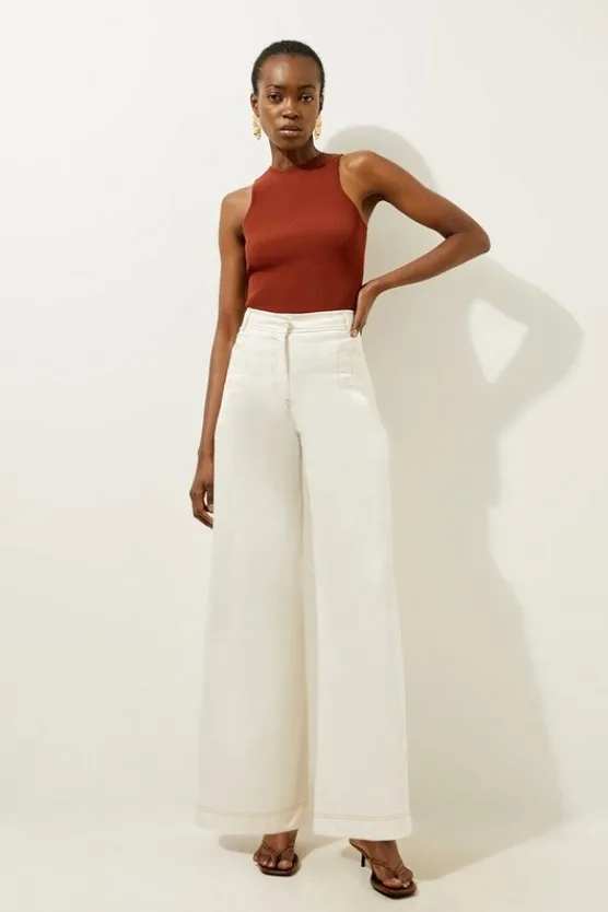 Karen Millen Tailored Denim Wide Leg Pants ivory Discount