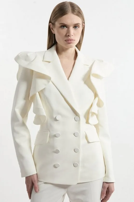 Karen Millen Tailored Drama Ruffle Double Breasted Blazer ivory Hot