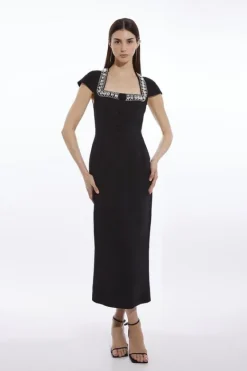 Karen Millen Tailored Embellished Square Neck Midi Dress black Fashion