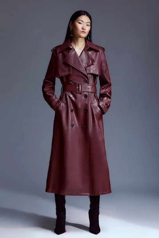 Karen Millen Tailored Faux Leather Belted Trench Coat oxblood Discount