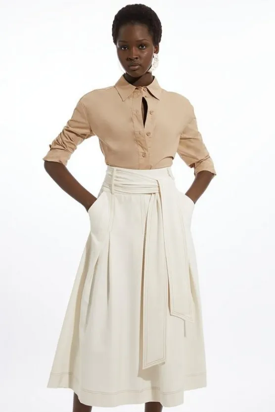 Karen Millen Tailored Full Skirted Belted Maxi Skirt ivory Discount