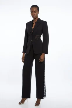 Karen Millen Tailored Lace Detail Straight Leg Pants black Discount