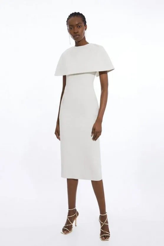 Karen Millen Tailored Metallic Cape Detailed Maxi Pencil Dress ivory Fashion