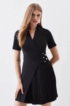 Karen Millen Tailored Military Pleat Notch Neck Wrap Mini Dress black Discount