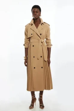 Karen Millen Tailored Pleat Detail Belted Trench Coat camel New