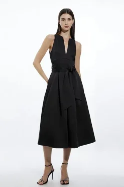Karen Millen Tailored Satin Bow Detail Full Skirted Midi Dress black Sale