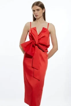 Karen Millen Tailo Satin Bow Detail Midi Dress red Hot