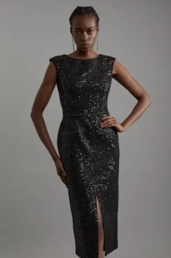 Karen Millen Tailored Sequin Tweed Drop Waist Midi Dress black Discount