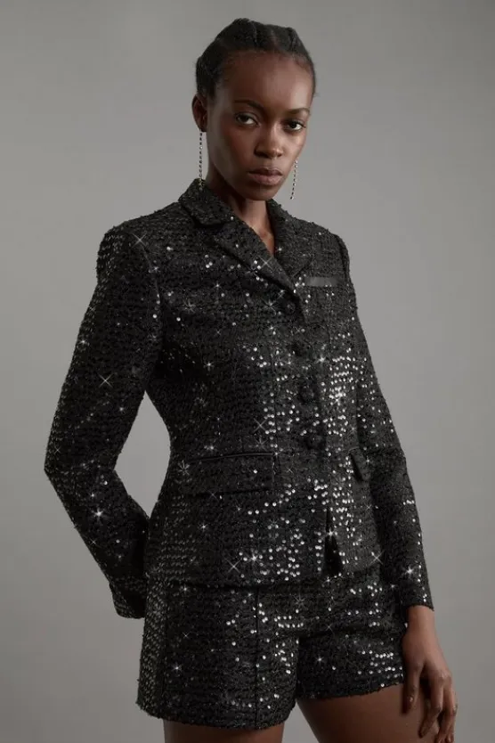 Karen Millen Tailored Sequin Tweed Shorts black Fashion