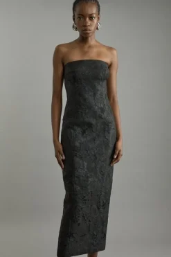 Karen Millen Tailored Sheer Jacquard Bandeau Fitted Midaxi Dress black Online